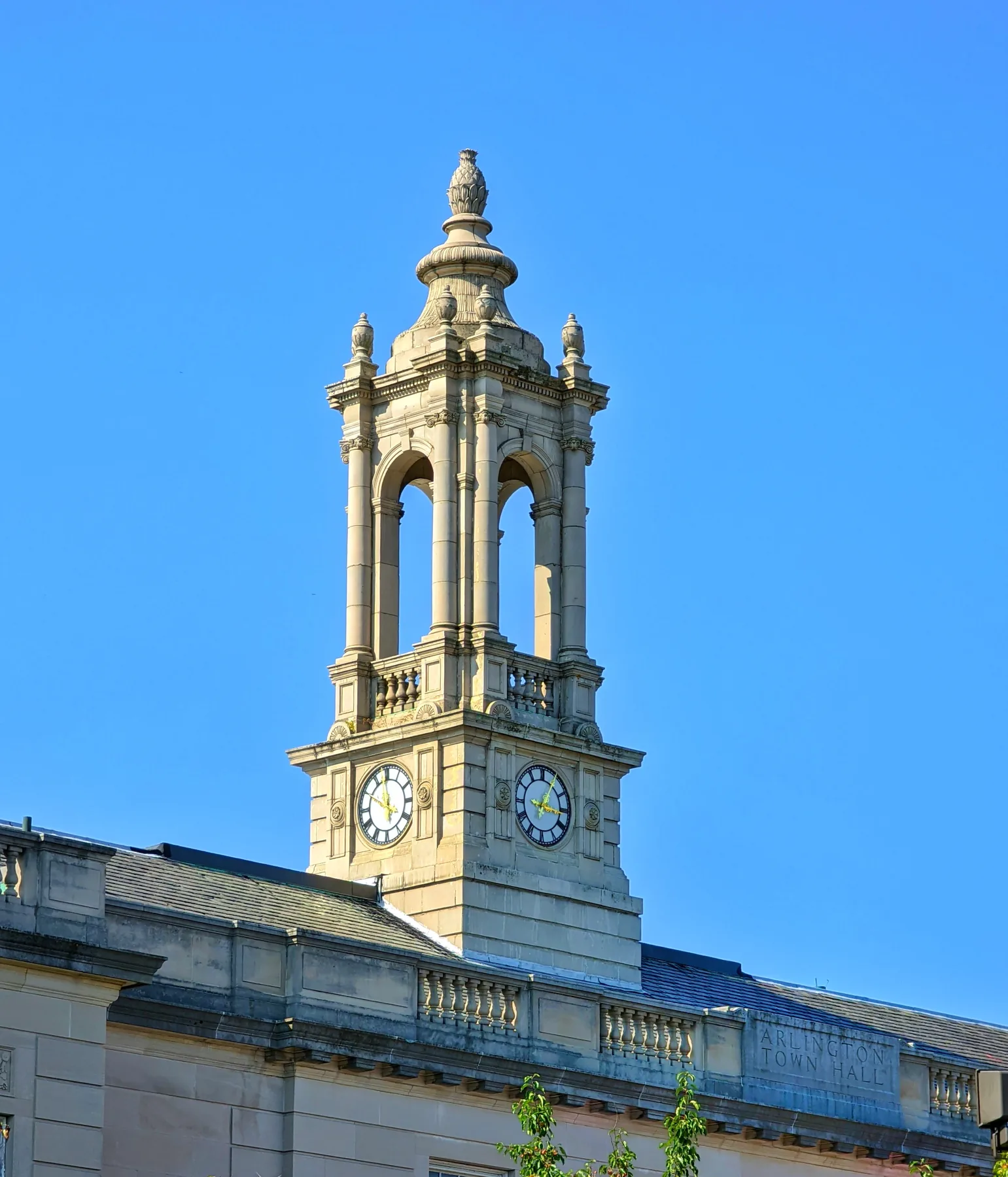 Clock tower of Arlington Town Hall in Massachusetts