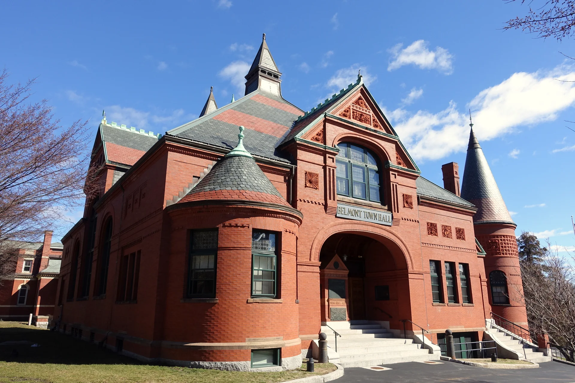 Red brick Belmont Town Hall and clock tower in Massachusetts