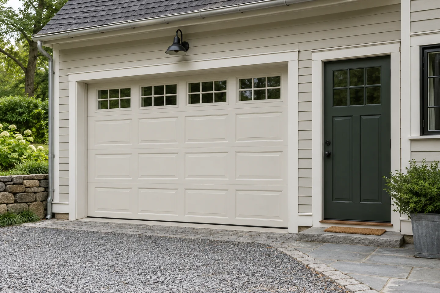 Illustrative cream residential garage door and green pedestrian side door