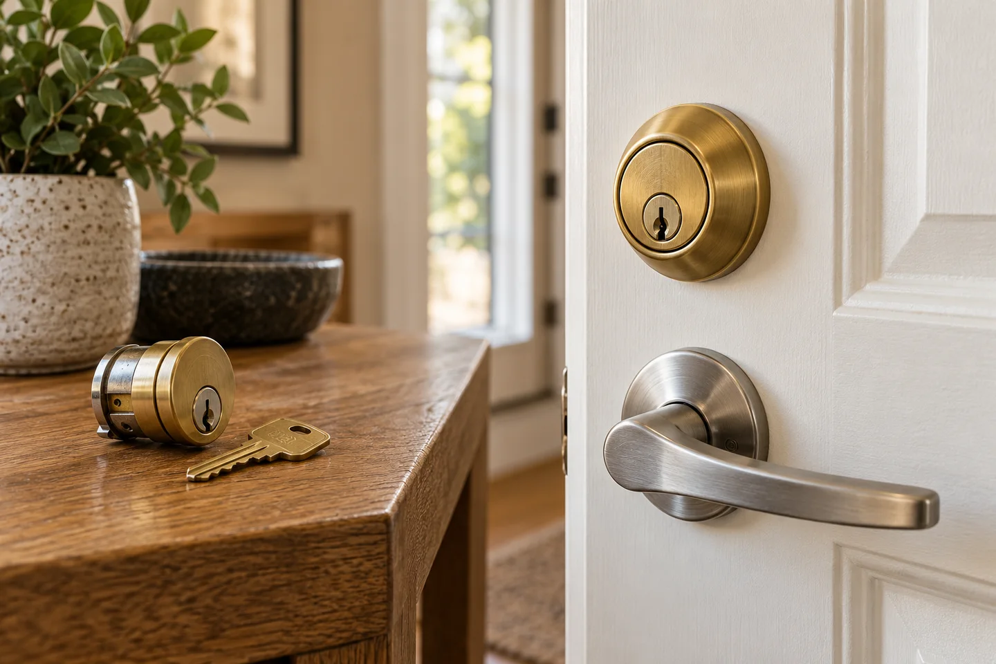 Illustrative entry-door lock, house key and compatible cylinder