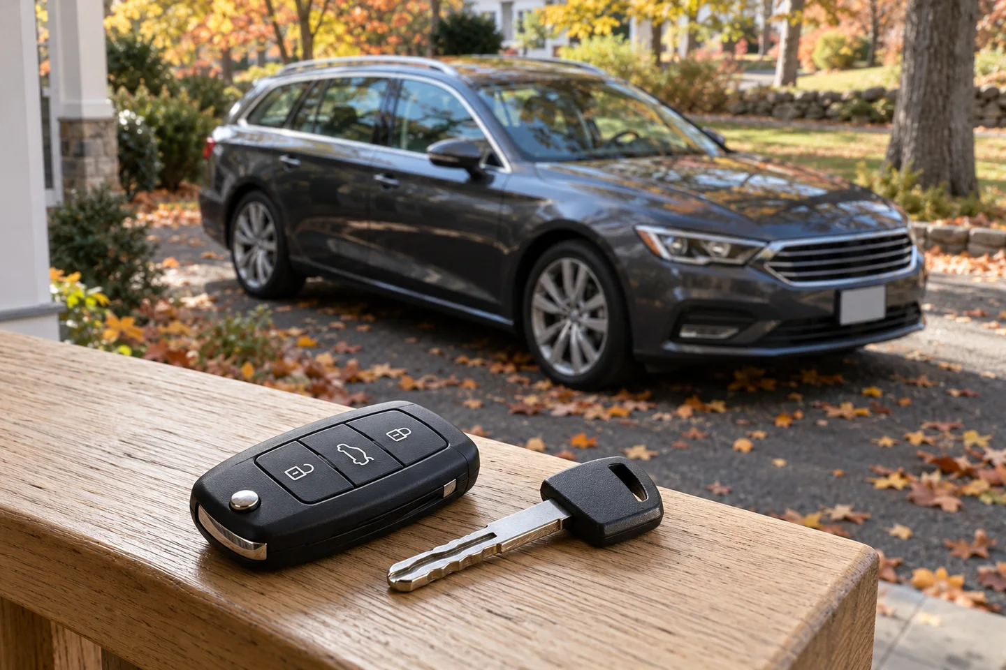 Illustrative car key and fob with a parked station wagon
